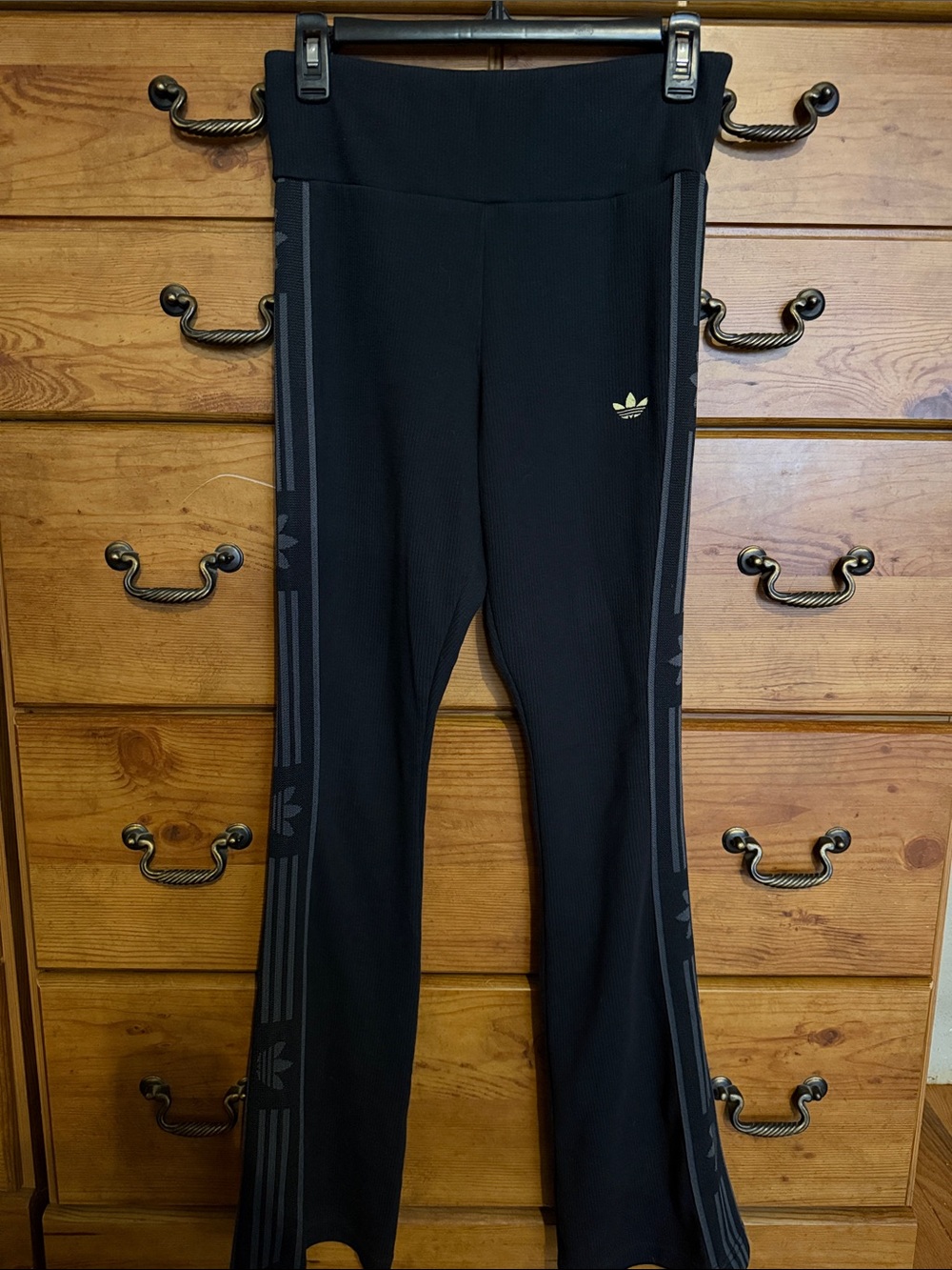 adidas Black Ribbed Flare Womens Leggings with Gold Trefoil